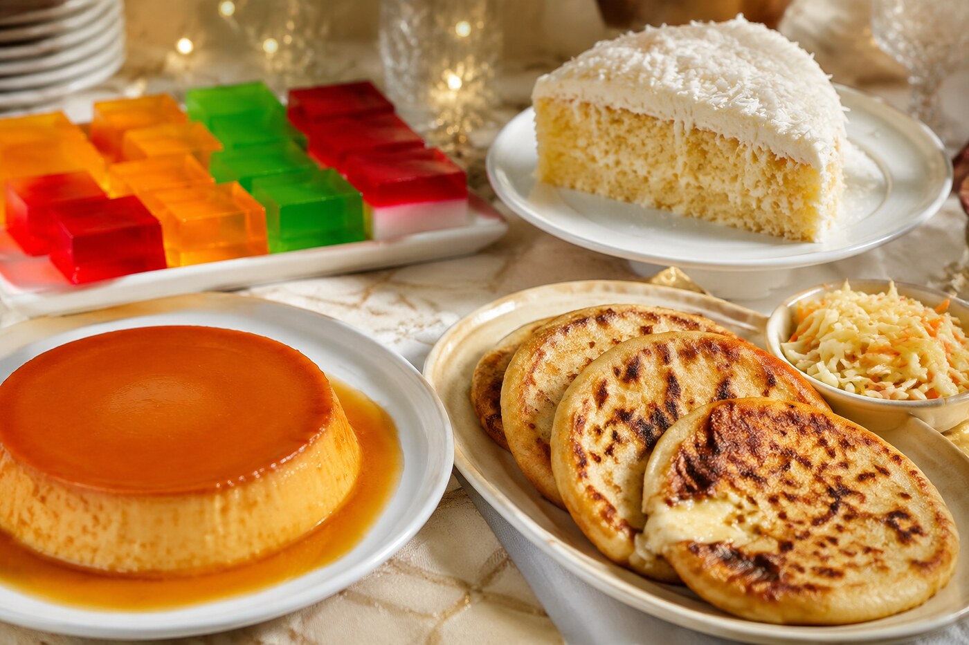 Flan, gâteau, gélatines colorées et pupusas