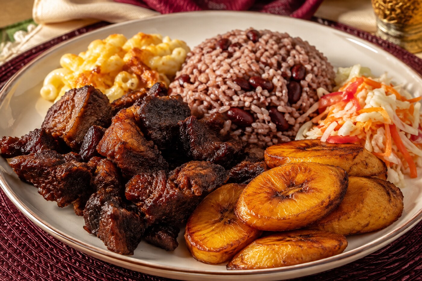 Assiette de griot haïtien avec riz, bananes plantains et pikliz