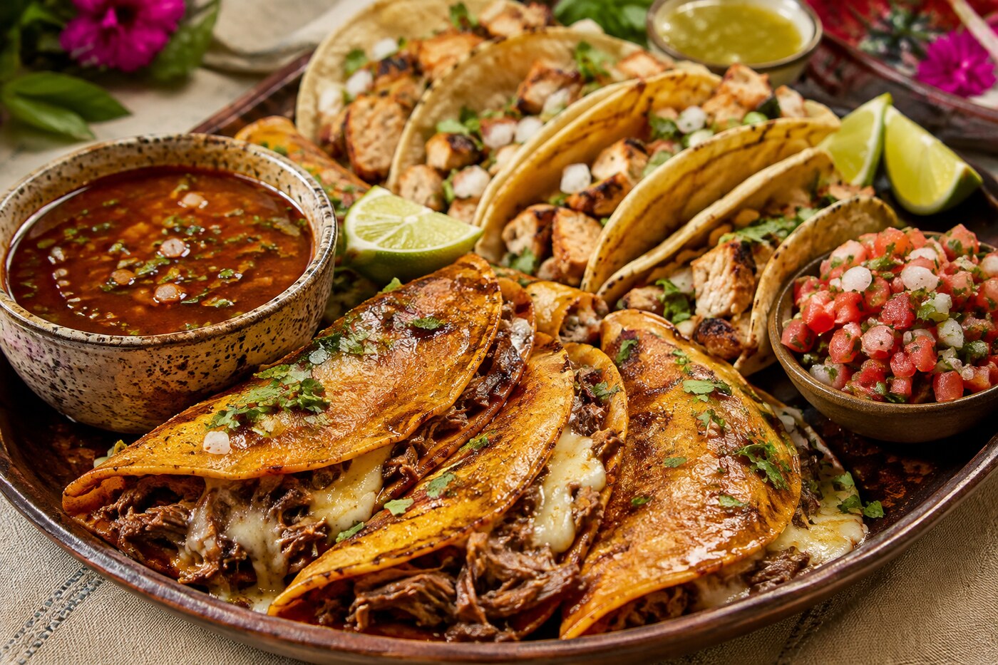 Plateau de tacos birria et tacos au poulet